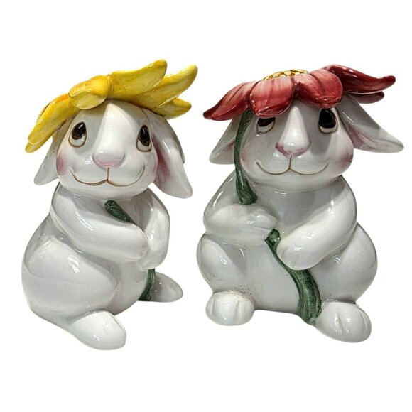 VTG Fitz & Floyd Bunny Blooms Salt Pepper Shakers Ceramic Rabbit Sunflower 4.25" - Picture 15 of 15